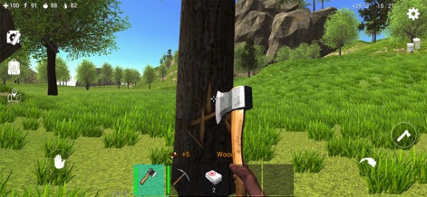 Ocean Is Home: Survival Island - The app showcases the core action of felling trees for resources, complete with a clear '+5 Wood' notification and essential crafting tool icons.