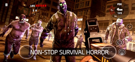 DEAD TRIGGER: Survival Shooter - Witness the relentless survival horror as various zombie types advance, creating intense close-quarters combat scenarios with the player wielding a P90.