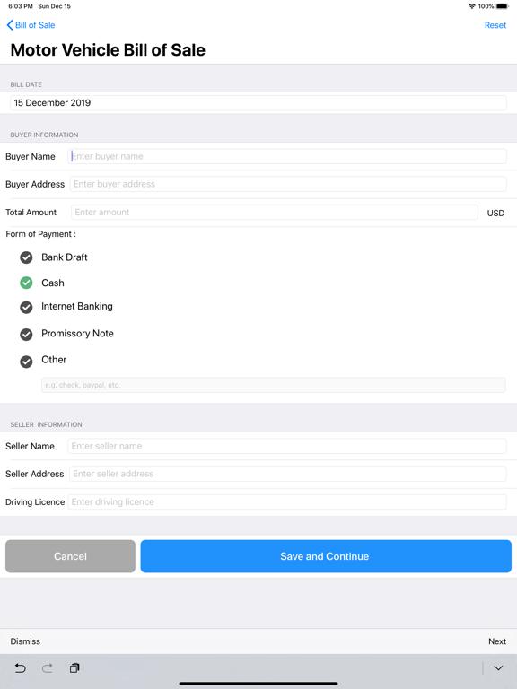 My Bill of Sale iPad screenshot 2 - Finance app