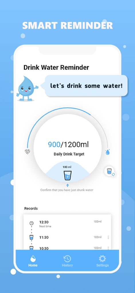 Drink water reminder - See how the app clearly displays the daily drink target and meticulously tracks previous water intake records for seamless progress monitoring.