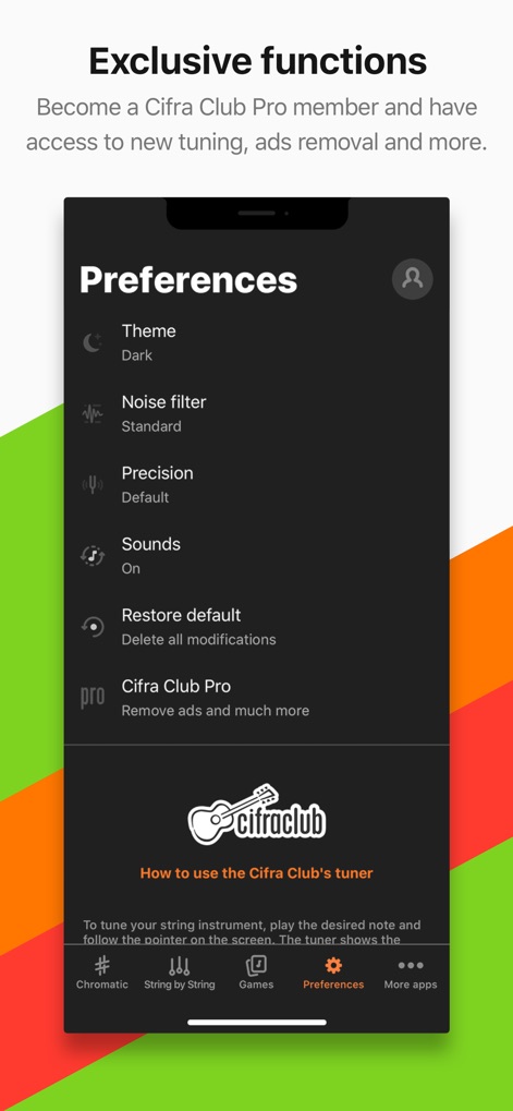 Cifra Club Tuner - Esta tela de "Preferences" permite aos usuários ajustar o "Theme" do aplicativo e configurar o "Noise filter" para uma afinação mais limpa e personalizada.