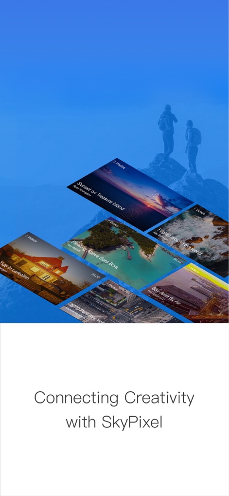 DJI GO - Esta ferramenta conecta os usuários à comunidade SkyPixel, onde é possível explorar e compartilhar conteúdo visual deslumbrante. A interface exibe miniaturas de vídeo e foto de outros criadores.