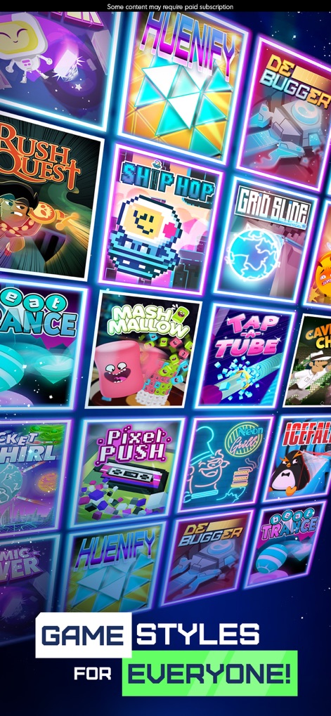 Budge GameTime - Uma vasta grade de miniaturas de jogos é exibida, com títulos diversos como "Rush Quest" e "Pixel Push", demonstrando a ampla gama de gêneros e estéticas visuais disponíveis para os jogadores.