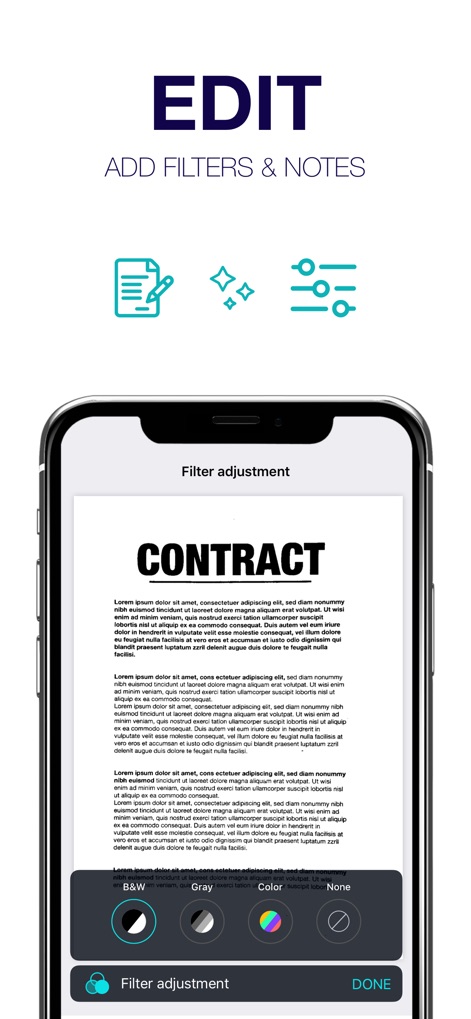 Scanner - Edit PDF & documents - The app provides robust editing features, allowing users to apply various filters like B&W and adjust contrast or luminosity.