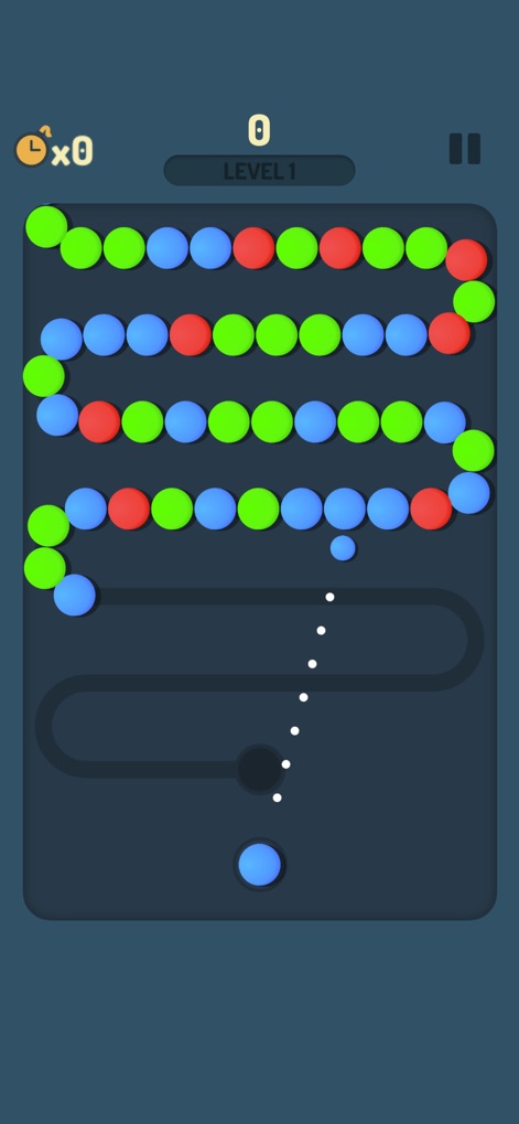 Ball Shoot! - This screenshot introduces the app's straightforward core mechanics, featuring clear, colorful ball lines and an intuitive level counter.