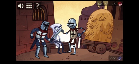Troll Face Quest Video Games - Players will encounter hilarious interpretations of medieval RPGs, featuring armored knights interacting with a bewildered slender character against a rustic village backdrop, embodying the app's satirical humor.