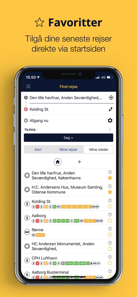 Rejseplanen - ユーザーは、お気に入りの場所や最近の検索履歴にホームページから直接アクセスでき、各交通手段のアイコンで視覚的に識別できます。