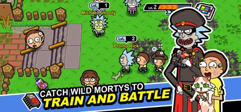 Rick and Morty: Pocket Mortys - L'app invita gli utenti a catturare e addestrare i Mortys selvaggi, navigando attraverso vari ambienti come il rigoglioso paesaggio erboso e incontrando Rick di diverse dimensioni, tra cui un imponente Rick in uniforme.