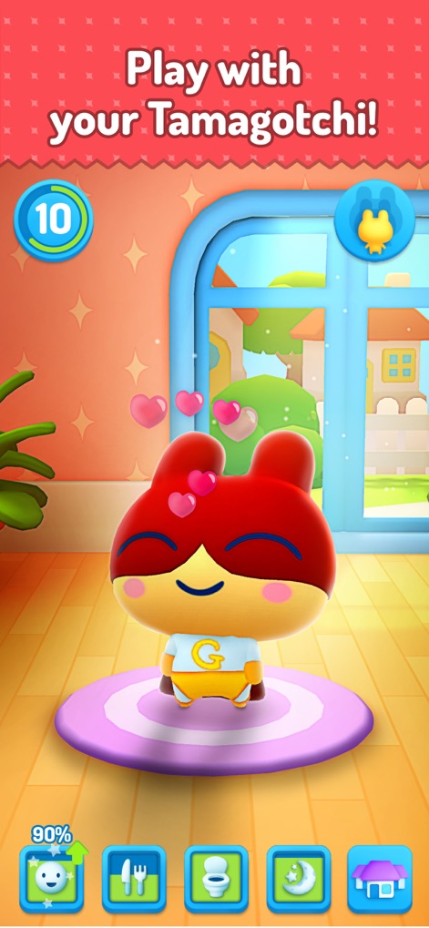 My Tamagotchi Forever - Un Tamagotchi rosso mostra affetto attraverso i cuori fluttuanti, indicando un'interazione positiva e un ambiente domestico accogliente.