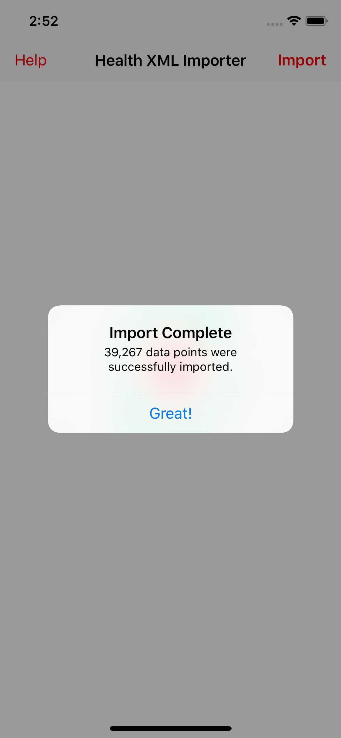 Screenshot do app Health Data Importer