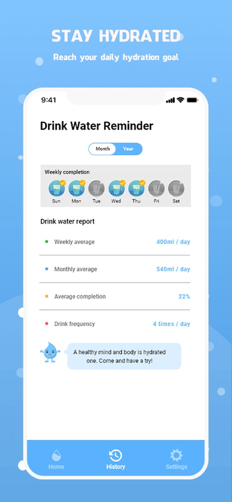 Drink water reminder - Review comprehensive 'Drink water report' statistics, including weekly and monthly averages, complemented by a friendly character offering motivational messages.