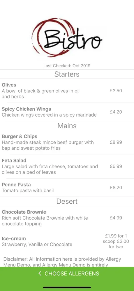 Allergy Menu