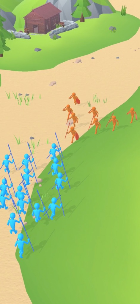 Big Battle 3D - Witness the initial clash as the blue army advances on a grassy hill, meeting the opposing orange army emerging from behind a rustic cabin.