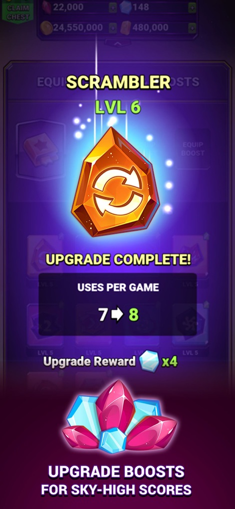 Bejeweled Blitz - La herramienta presenta una interfaz de mejora intuitiva para los potenciadores, con un claro efecto visual del potenciador que muestra el progreso del nivel y el aumento de usos por partida.