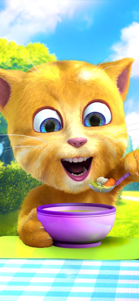 Talking Ginger 2 - Witness the adorable close-up of Ginger joyfully eating from a spoon, showcasing the app's responsive and engaging feeding interaction.