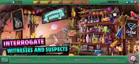 Criminal Case: Pacific Bay - L'application immerge les joueurs dans des décors d'interrogatoires évocateurs, comme ce bar tropical avec ses cocktails lumineux et ses objets exotiques, pour dénicher la vérité.