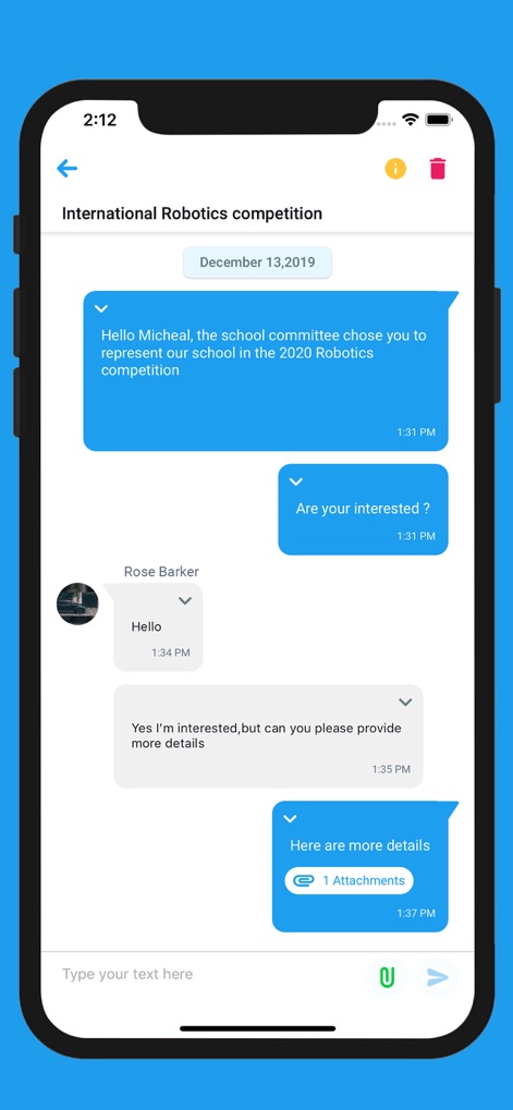 eSchool Connect - The tool facilitates interactive discussions through detailed chat threads, enabling users to send messages and include 'Attachments' for richer communication.
