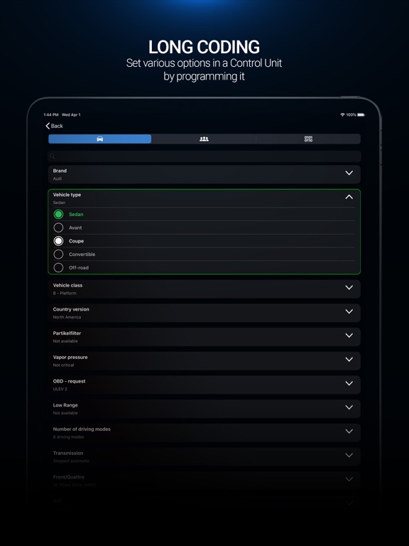 OBDeleven VAG Car diagnostics iPad screenshot 4 - Utilities app