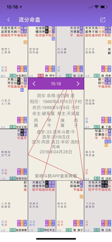 紫薇斗数-紫微斗数八字算命 - This app provides intricate time-based charts such as the "流分命盘" (Minute Chart), showcasing a complex grid of planetary positions and connecting red lines to illustrate their astrological influences.