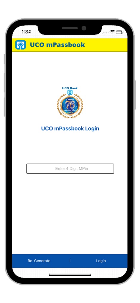 UCO mPassbook - Dieser Bildschirm zeigt die Anmeldeseite der App, auf der Nutzer ihren 4-stelligen MPin eingeben können, um sicher auf ihre Kontoinformationen zuzugreifen, ergänzt durch das Branding der UCO Bank.