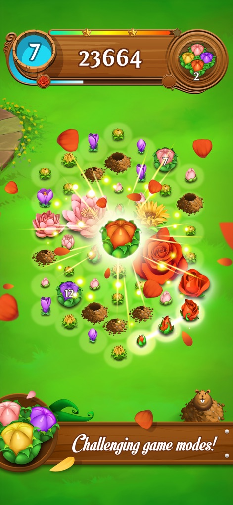 Blossom Blast Saga - Observe the dynamic visual effects of large blossoms and the strategic numbers on buds that indicate required links for completion.