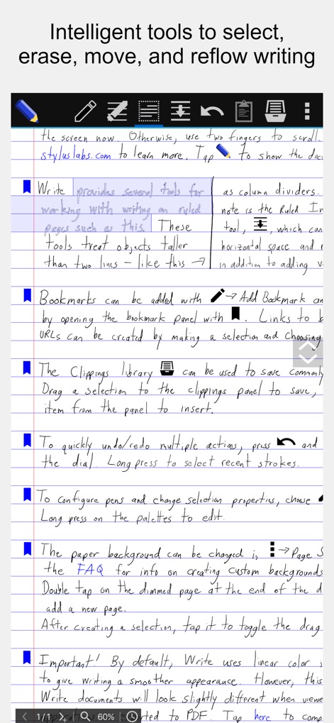 Stylus Labs Write Pro - Esta captura destaca las herramientas inteligentes para manipular texto, mostrando una barra de herramientas superior con iconos de edición específicos y texto manuscrito reflowable sobre papel rayado con selecciones activas.