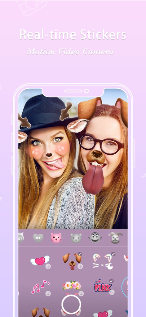 FotoRus -Camera & Photo Editor - Esta captura de tela exibe a funcionalidade de adesivos em tempo real, onde os usuários podem aplicar adesivos de rosto de animais lúdicos e explorar uma variedade de opções vibrantes na barra de seleção inferior.