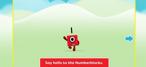 Meet the Numberblocks! - This initial screen introduces young learners to the iconic red Numberblock '1' and prompts interaction with the friendly "Say hello to the Numberblocks." banner.