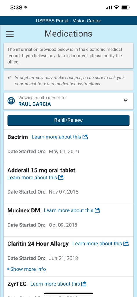 HealtheLife - Users can efficiently manage their prescriptions with a clear list of current medications and convenient options like the 'Refill/Renew' button and 'Learn more about this' links for detailed drug information.