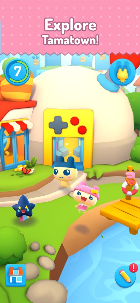 My Tamagotchi Forever - Una vista aerea di Tamatown invita all'esplorazione, mostrando edifici colorati e due Tamagotchi pronti all'avventura.