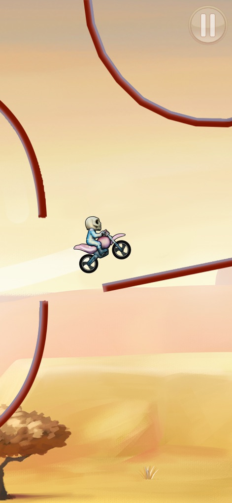 Bike Race: Free Style Games - Os usuários podem ver a customização com o piloto esqueleto e a moto rosa, enfrentando pistas fragmentadas que testam a precisão e o controle.