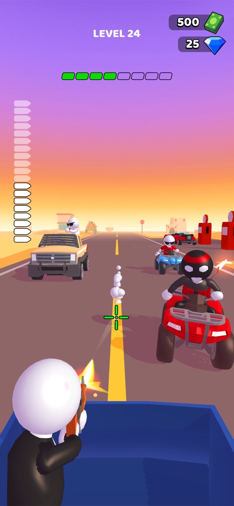 Rage Road - Car Shooting - Observe the diverse range of enemy vehicles, such as ATVs, and the expansive highway environments where high-speed battles unfold.
