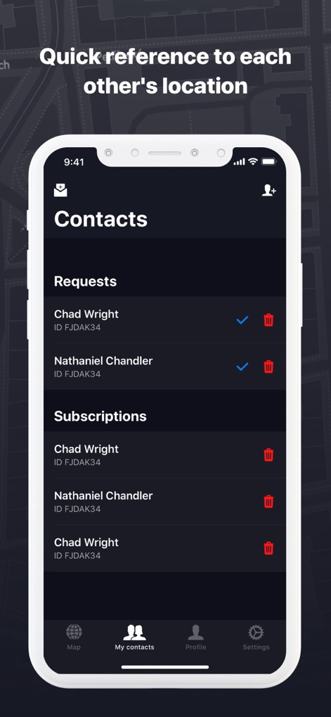 Location Tracker - find GPS - Observe the app's clear interface for managing contact requests and reviewing active subscriptions, ensuring user consent and control over who can track them.