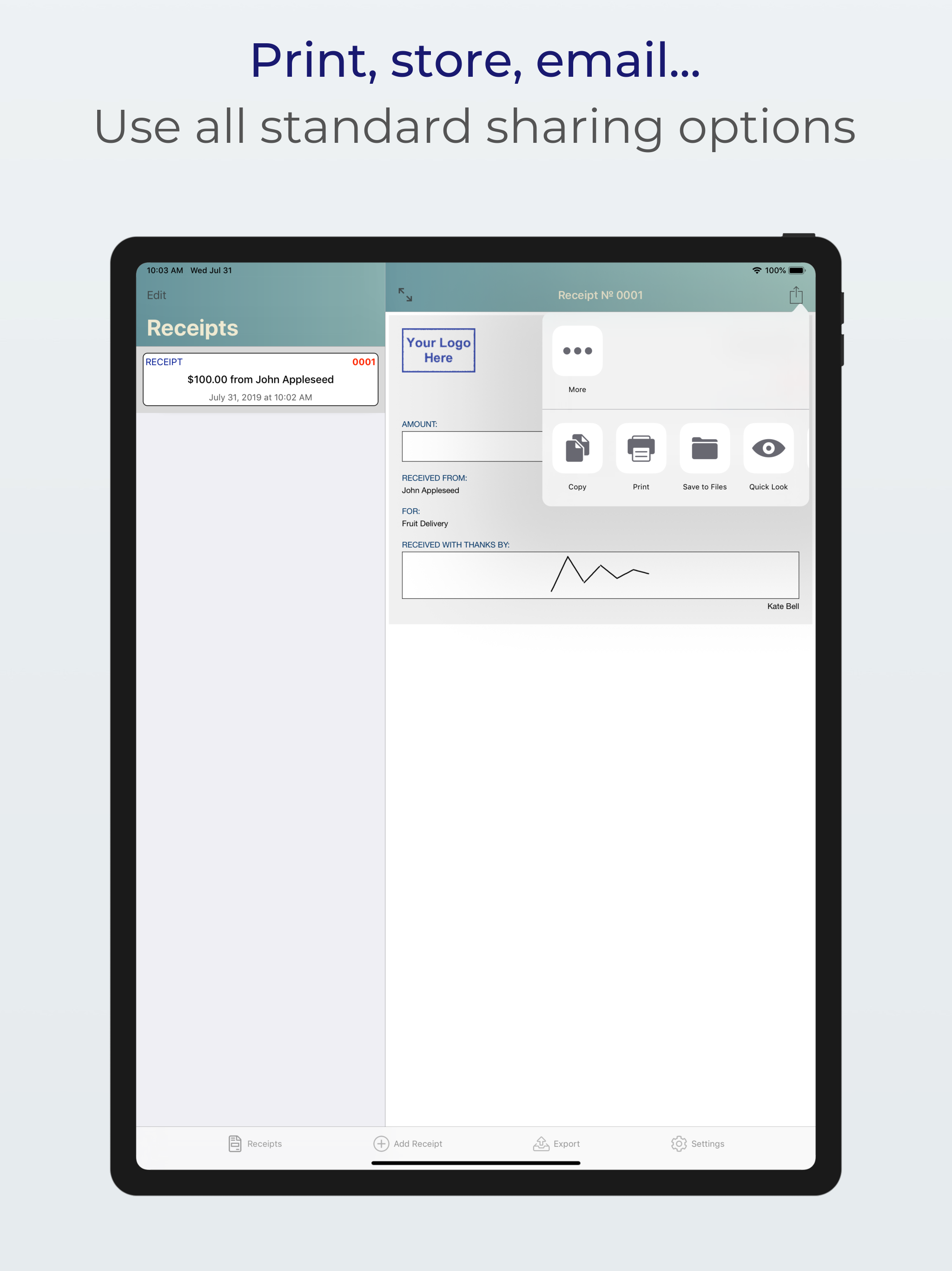 Receipts: create, print & mail