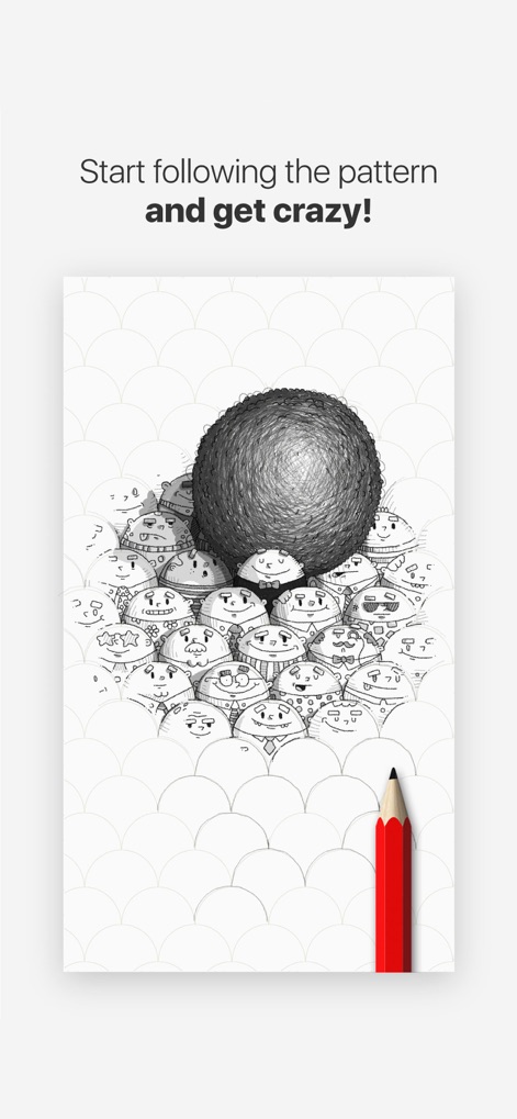 Tayasui Doodle Book - Scribble - Users can ignite their creativity by engaging with pre-defined patterns, exemplified by the intricate "layered smiling faces" design and the prominent "red pencil" tool.