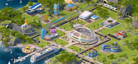 Athletics Mania: Track & Field - Discover the expansive daytime view of the club management map, highlighting key facilities like the arena and gym, seamlessly connected by an advanced transport system.