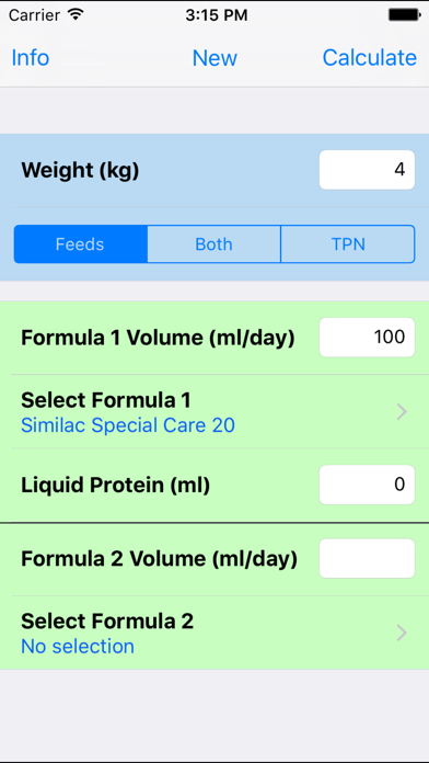 NICU Nutrition Calculator Screenshot