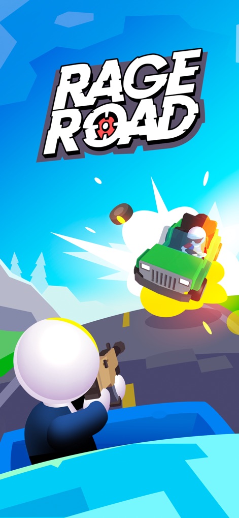 Rage Road - Car Shooting - Experience the game's distinctive title logo 'Rage Road' and the visual spectacle of an intense car explosion that signifies successful hits.
