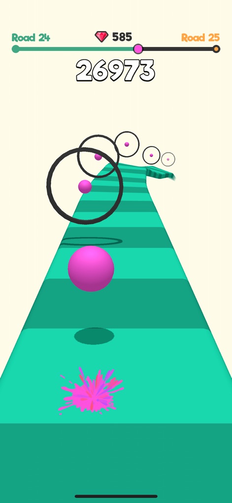Slime Road - Users can observe the pink slimeball navigating the dynamic green road, aiming for perfect bounces through the black rings.