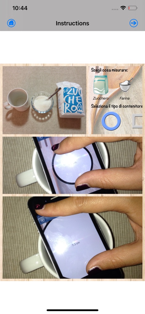 Kitchen Scales - Esta captura muestra el paso crucial de ajuste del diámetro, donde el usuario interactúa visualmente con la pantalla para alinear un círculo digital con el borde del recipiente. Se destaca la indicación de "7.3 cm" para una calibración precisa.