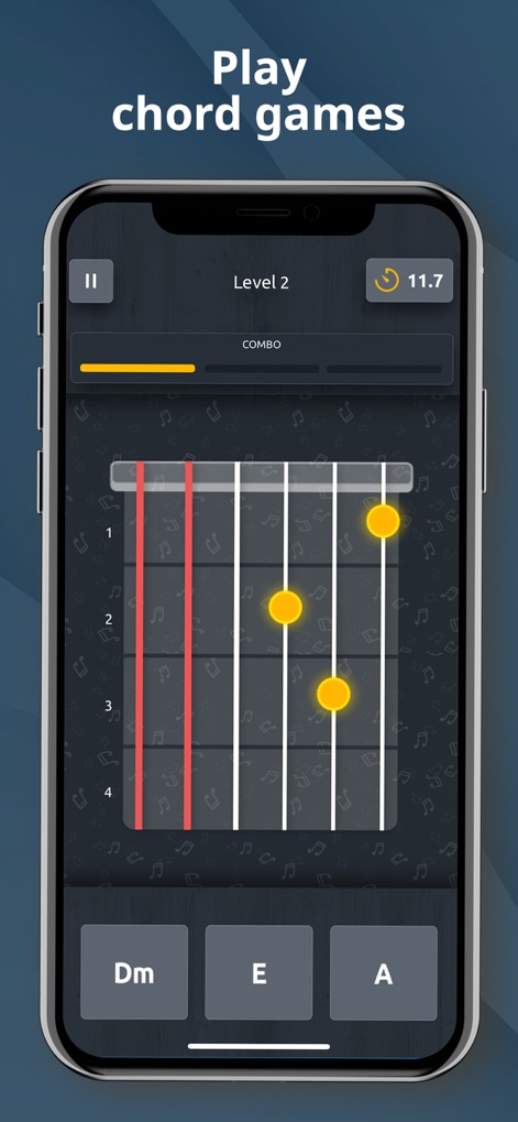 Guitar Tuner - Ukulele & Bass - Sharpen chord recognition and playing skills with the app's interactive chord games, featuring clear chord diagrams (Dm) and competitive score tracking.