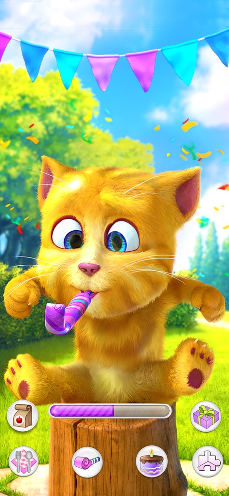 Talking Ginger 2 - Discover Ginger's playful interaction, highlighted by the festive party blower and accessible action buttons for diverse activities.