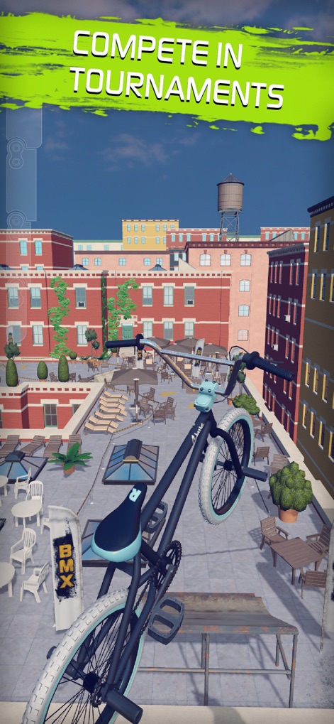 Touchgrind BMX 2 - The app features diverse environments for competitive play, allowing users to perform incredible aerial stunts across unique urban rooftop landscapes.