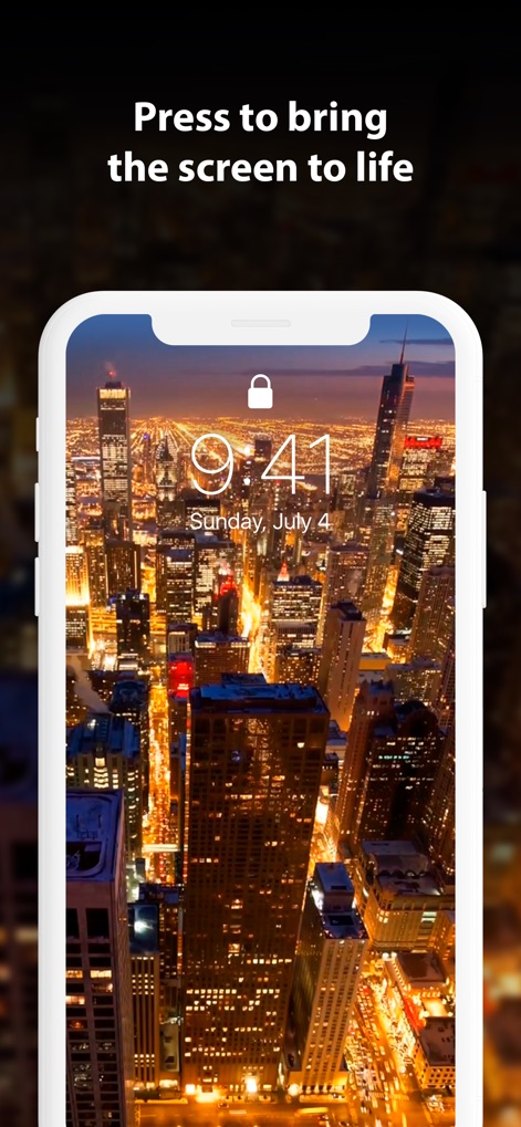 Live Wallpaper ∘ for Me - Discover how this tool brings an urban cityscape to life, showcasing illuminated skyscrapers and emphasizing the interactive "Press to bring the screen to life" prompt.