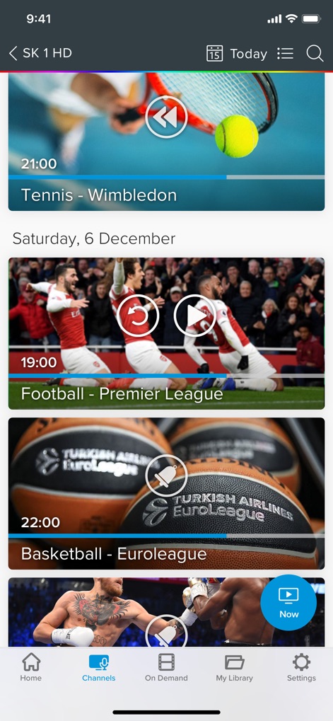 EON TV - Users can effortlessly navigate the live sports schedule, featuring specific event times and leveraging the app's '7 days Catchup TV' functionality.