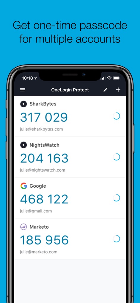 OneLogin Protect - Les utilisateurs peuvent gérer plusieurs comptes, chacun affichant son code à 6 chiffres à usage unique (TOTP) qui se rafraîchit périodiquement, assurant une protection constante et actualisée.