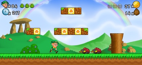 Lep's World 2 - Running Games - The app presents its vibrant world with the classic Lep character navigating through cheerful landscapes and interacting with distinct clover blocks.
