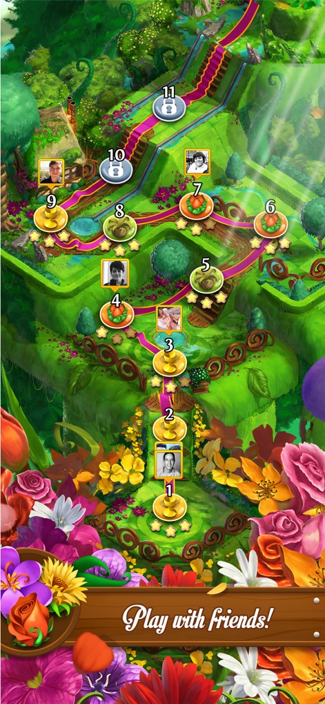 Blossom Blast Saga - Explore the expansive level progression map, featuring diverse garden environments and integrated friend profile pictures for social engagement.
