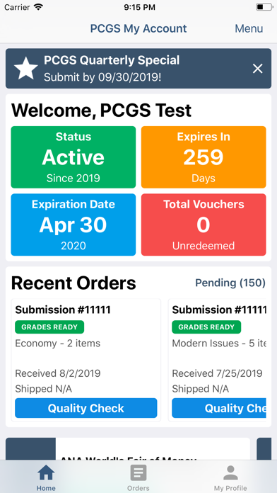 PCGS My Account Screenshot
