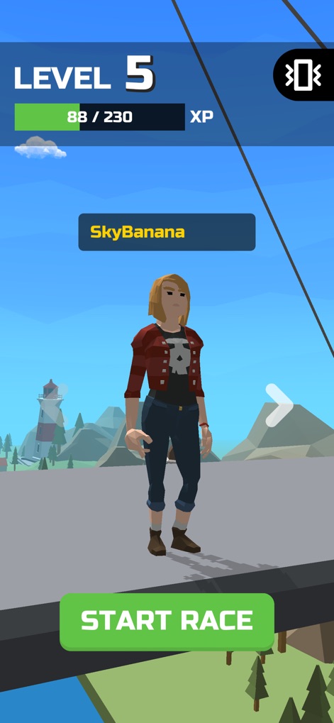 Swing Rider! - Users can prepare for action on the main menu, featuring level progression tracking and a prominent "START RACE" button.